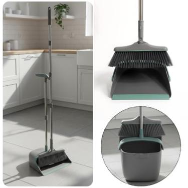 Imagem de Kit Vassoura e Pá Ajustável Limpeza 2in1 Compacta Com Limpa Cerdas Suporte Parede Cesto Lixo