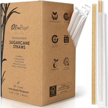 Imagem de EcoPreps Canudos biodegradáveis de cana de açúcar, canudos compostáveis embalados individualmente | 300 unidades, 100% sem plástico, canudo ecológico | Canudo descartável de fibra de açúcar de 19,8