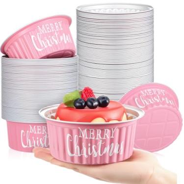 Imagem de Ziliny 50 formas de pão de Natal de 450 g com tampas, formas de pão de alumínio rosa de 580 ml, mini recipientes redondos descartáveis de Natal para presentes de embalagem de alimentos