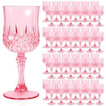 Imagem de Pacote com 48 taças de vinho de plástico rosa, taças de plástico vintage para festas, copos de bebida, copos inquebráveis, taças de água de cristal, reutilizáveis para recepção de casamento, festa de
