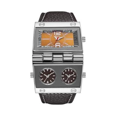 Imagem de Lancardo Relógio de quartzo grande exclusivo: Relógio de pulso masculino quadrado duplo fuso horário árabe pulseira de couro para aniversário fácil de ler