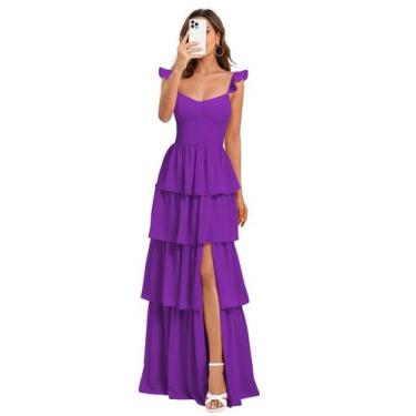 Imagem de Vestido de dama de honra Dessiny Purple Chiffon em camadas com babados
