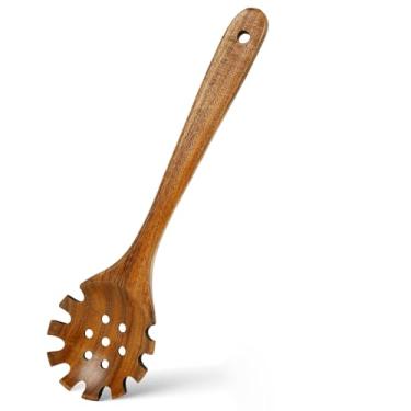 Imagem de Garfo de macarrão de madeira, servidor de colher de espaguete de macarrão, colher de espaguete feita à mão com fenda, colheres de escumadeira