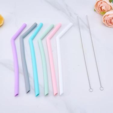 Imagem de Pacote com 6 canudos de silicone reutilizáveis com 2 escovas de limpeza, canudo de silicone de 25,4 cm