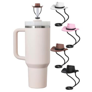 Imagem de 4 peças de chapéu de cowboy tampa de palha para copo Stanley 30 1,134 g, 10 mm bonito engraçado silicone macio toppers acessórios para homens mulheres presente, à prova de poeira, tampas de canudo