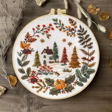 Imagem de Kit de bordado para iniciantes, kits de padrões pré-estampados com paisagem da natureza Boho para adultos com aro, bordado de linha colorida fácil de seguir