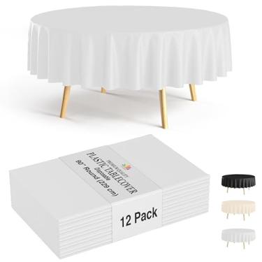 Imagem de Party Solids Pacote com 12 toalhas de mesa de plástico redondas brancas descartáveis – Tamanho: 224 cm – Toalhas de mesa redondas de plástico para festas, piqueniques e eventos formais