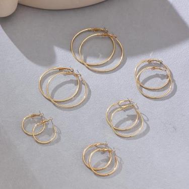 Imagem de Conjunto de 6 pares de brincos de argola banhados a ouro 14K, brincos de argola de aço inoxidável, joias femininas de ouro/prata para presente, normal size, Ferro Aço inoxidável Metal, Sem pedra