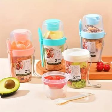 Imagem de Copo de café da manhã de 765 g, recipiente de camada dupla para viagem com colher e molho - perfeito para aveia, iogurte, saladas azuis