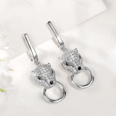 Imagem de Brincos pendentes de cabeça de leopardo de zircônia cúbica branca folheados a ouro branco para mulheres, casamentos, festas noturnas, brincos leves para presente para ela