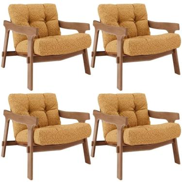 Imagem de Kit 04 Poltronas Decorativa Fixa Para Sala Living Ikary L02 Canela Prime Bouclê Mostarda - Lyam Decor