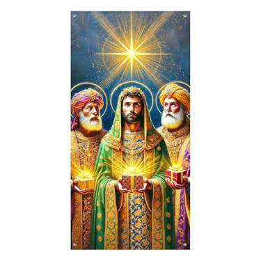 Imagem de BlissYard Capa de porta de Natal 89,5 x 188 cm para decoração de porta de varanda de férias de inverno com três homens sábios para decoração frontal