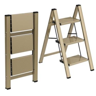 Imagem de HBTower Escada de degrau, banqueta dobrável de alumínio leve com pedal largo antiderrapante, escada de degrau com capacidade de 150 kg para casa, cozinha, escritório - ouro