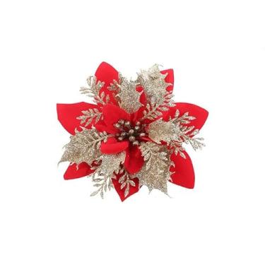 Imagem de Flores de Natal Artificiais com Glitter – 5/10/20 Peças Enfeites Decorativos para Árvore de Natal, Guirlanda e Decoração Festiva (5pcs*vermelho-14cm)
