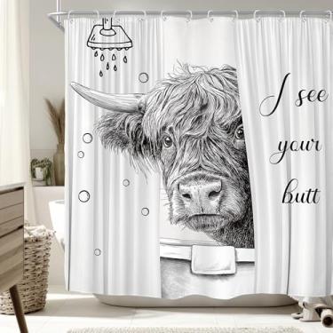 Imagem de Riyidecor Cortina de chuveiro engraçada de vaca Highland para decoração de banheiro 72Lx72H Fun Rustic Bull in Bathtub Western Farmhouse Country Animal Kids Pets Art Printed Fabric Polyester