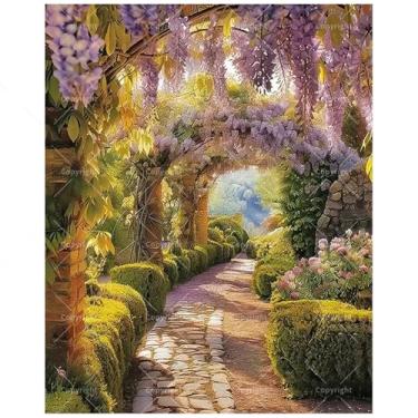 Imagem de Kit de pintura de paisagem de jardim por números para adultos - Pintura de arco de glicínia e caminho de pedra em tela 40,6 x 50,8 cm, conjunto de tinta acrílica, adequado para iniciantes, arte cênica