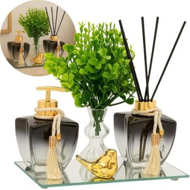 Imagem de Kit Banheiro Lavabo de Vidro Degradê Luxo com Bandeja, Vasinho, Difusor e Enfeite Decorativo – 10 Peças Premium(Dourado)