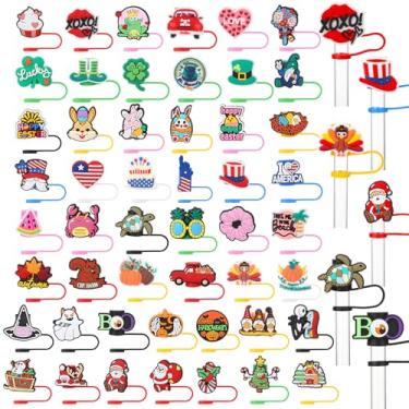 Imagem de Ovveroche 50 peças de topos de palha de Natal compatíveis com Stanley Cup silicone bonito tampa de palha para Natal, Halloween, Páscoa, Dia da Independência, Dia de São Patrício, 10 mm