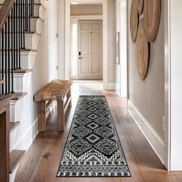 Imagem de Rugshop Tapete tribal preto e branco do sudoeste – Tapete geométrico com padrão de diamante para sala de estar, quarto ou entrada – decoração de piso macio rústico boho 7,6 cm x 3,5 m, corredor preto