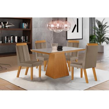 Imagem de Conjunto Sala de Jantar Mesa Prada com Tampo de Vidro 120cm e 4 Cadeiras em MDF Florença LJ Móveis - Castanho Cinamomo/ Capuccino/Off White
