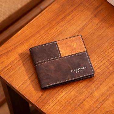 Imagem de Carteira masculina moderna, portátil, bloco de cores, fina, dobrável, bolsa masculina prática com 2 compartimentos para dinheiro, 1 bolso com zíper para uso diário, Marrom, Moderno