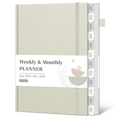 Imagem de Agenda 2026, agenda semanal e mensal de janeiro de 2026 a dezembro de 2026, agenda acadêmica de linho de 15 x 21,6 cm com abas, porta-canetas, bolso interno para escritório, escola, bege