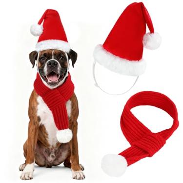 Imagem de YUEPET Conjunto de chapéu e cachecol de Papai Noel 3D ajustável para cães, conjunto de fantasia de Natal macio para animais de estimação, cachecol vermelho de malha com bola pompom branca para cães