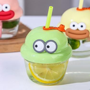 Imagem de Mini copo de vidro com canudo de desenho animado portátil 210 ml garrafa de bebida de viagem para mulheres e homens casa escritório escola utensílios de bebida (verde)