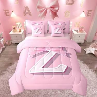 Imagem de jejeloiu Conjunto de cama com laço rosa, presente personalizado para meninas adolescentes, tamanho solteiro, decoração letra Z conjunto de 7 peças, cama ultra macia monograma em uma bolsa com edredom,