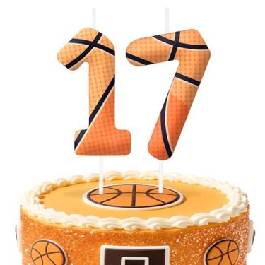 Imagem de Velas de aniversário número 17 de basquete, topo de bolo com tema de basquete para meninos e meninas, decorações de bolo para aniversários, suprimentos de festa com tema esportivo, velas para
