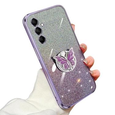 Imagem de KUWAI Capa com glitter compatível com Samsung Galaxy M14 capa borboleta com suporte para Galaxy M14 TPU macio galvanizado à prova de choque para mulheres meninas capa para Samsung M14 (roxa)