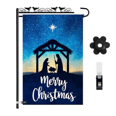 Imagem de Bandeira de jardim de presépio de Natal 30,5 x 45,7 cm Bandeira de jarda de serapilheira dupla face com clipe e rolha -