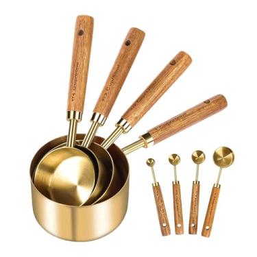 Imagem de Conjunto de colheres e copos medidores | Colheres de copos medidores de aço inoxidável com cabo de madeira - Colher de sopa empilhável para cozinhar suprimentos de panificação, utensílios de cozinha