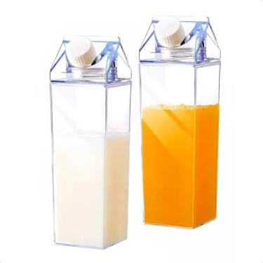 Imagem de KIT 2 Garrafas Transparente De Água Suco Leite 500ml De Acrílico Em Formato Caixa De Leite, Ccom Tampa Rosqueável, 20x6x6cm, com Adesivos Decorativos, Compacta Multiuso Antivazamento (Transparente)