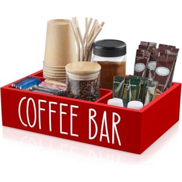 Imagem de Organizador de estação de café – Estação de café de escritório de madeira com divisórias removíveis – Armazenamento doméstico para prateleiras de condimentos comerciais, copos, xarope, palitos para