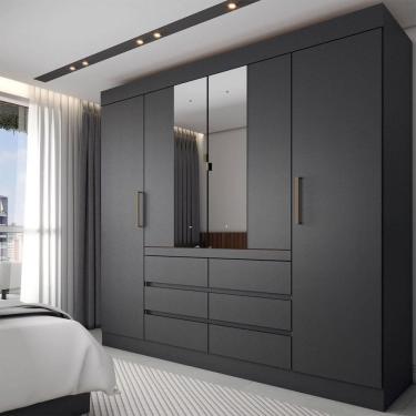 Imagem de Guarda-Roupa Casal Marrom 4 Portas 6 Gavetas com Espelho Preto/Amêndola - Panorama Móveis