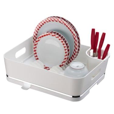 Imagem de Escorredor De Louça Para 11 Pratos Com Suporte Porta Talheres Removível Eleganza Organizador Para Pia Bancada Cozinha Com Enfeite Detalhe Em Aço Piatina (Branco)