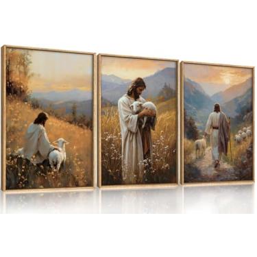 Imagem de HOURIA Conjunto de arte de parede em tela emoldurada Jesus Leaves The 99 Sheep, decoração de parede Christian The Lost Sheep, Jesus abraça obra de arte de cordeiro, impressões de arte bíblica