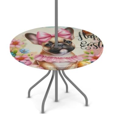 Imagem de hongjinglin Toalha de mesa de Páscoa para uso ao ar livre com orifício para guarda-chuva, toalha de mesa redonda elástica com zíper, impermeável, limpável, para piquenique, festa, pátio, serve para