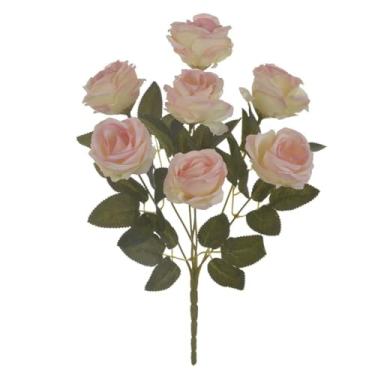 Imagem de Buque Rosas Flores Artificiais Realista Enfeite Casa Arranjo com folhagem 7 flores mãe casamento Cor salmão