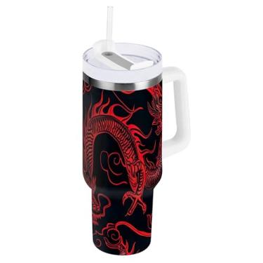 Imagem de xigua Copo vintage com estampa de dragão de 850 g com tampa e canudo, aço inoxidável de vácuo duplo isolado garrafa de água esportiva suporte para copo de café de viagem à prova de vazamento para