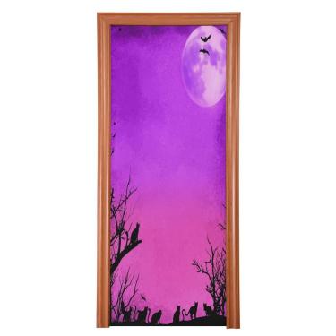 Imagem de Blueangle Capa de porta de gatos de Halloween roxa elástica - faixa de porta frontal de tecido elástico para Halloween, decoração de festa ao ar livre em casa (250)