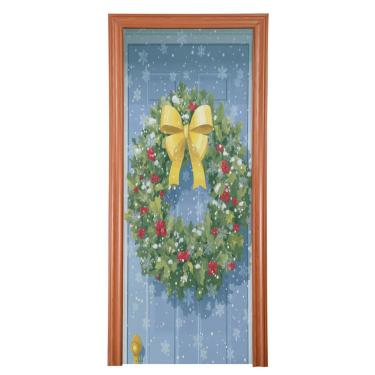Imagem de ATTX Capa para porta da frente da guirlanda de Natal - Decoração de férias de tecido elástico lavável para festas, casa, decoração de porta da frente, 91 x 248 cm (134)
