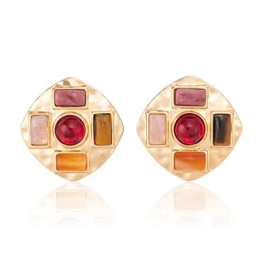 Imagem de DONABUS Brincos geométricos grandes, brincos quadrados dourados com design de pedras preciosas multicoloridas, joias modernas para mulheres, Large, Pedra Metal, Cristal