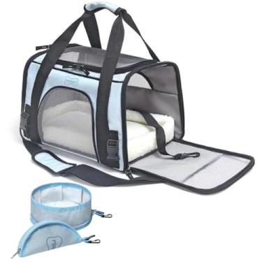Imagem de Bolsa De Transporte Pet Azul 28cm x 25cm x 43cm e Bebedouro Azul Avião Carro Perigot Para Cães e Gatos