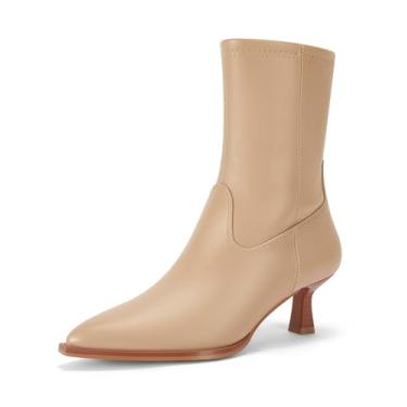 Imagem de Coutgo Botas femininas de cano baixo, bico fino, salto baixo, zíper lateral, sapatos de outono, Caqui, 37