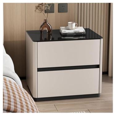 Imagem de SPXMQSS Mesa de cabeceira com gavetas duplas de armazenamento, moldura de madeira maciça e tampo de vidro temperado para quarto, mesa de cabeceira de sala de estar, sem necessidade de montagem bege 45