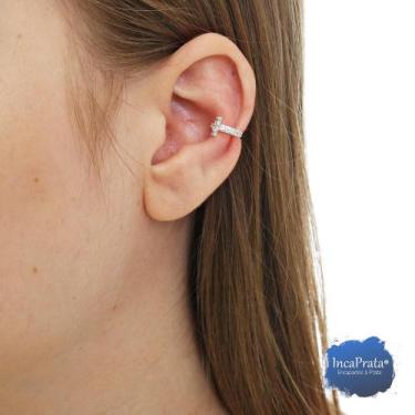 Imagem de Piercing De Pressão Fake Orelha Com Cruz Em Zircônias Prata - Incaprat