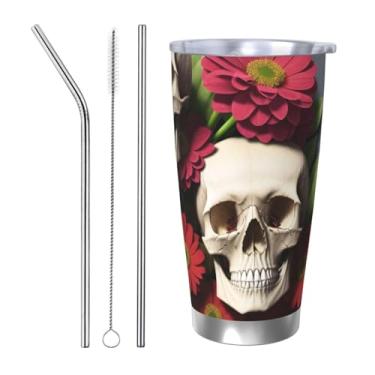 Imagem de Zeraoke Caneca de aço inoxidável com estampa de caveira e flor, 590 ml, caneca de canudo de carro, mantém as bebidas frias para escritório, casa, funciona muito bem para bebidas geladas, bebidas