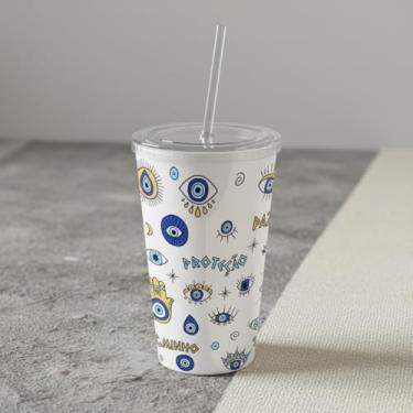 Imagem de Copo Olho Grego com Canudo – Design Místico 500ml